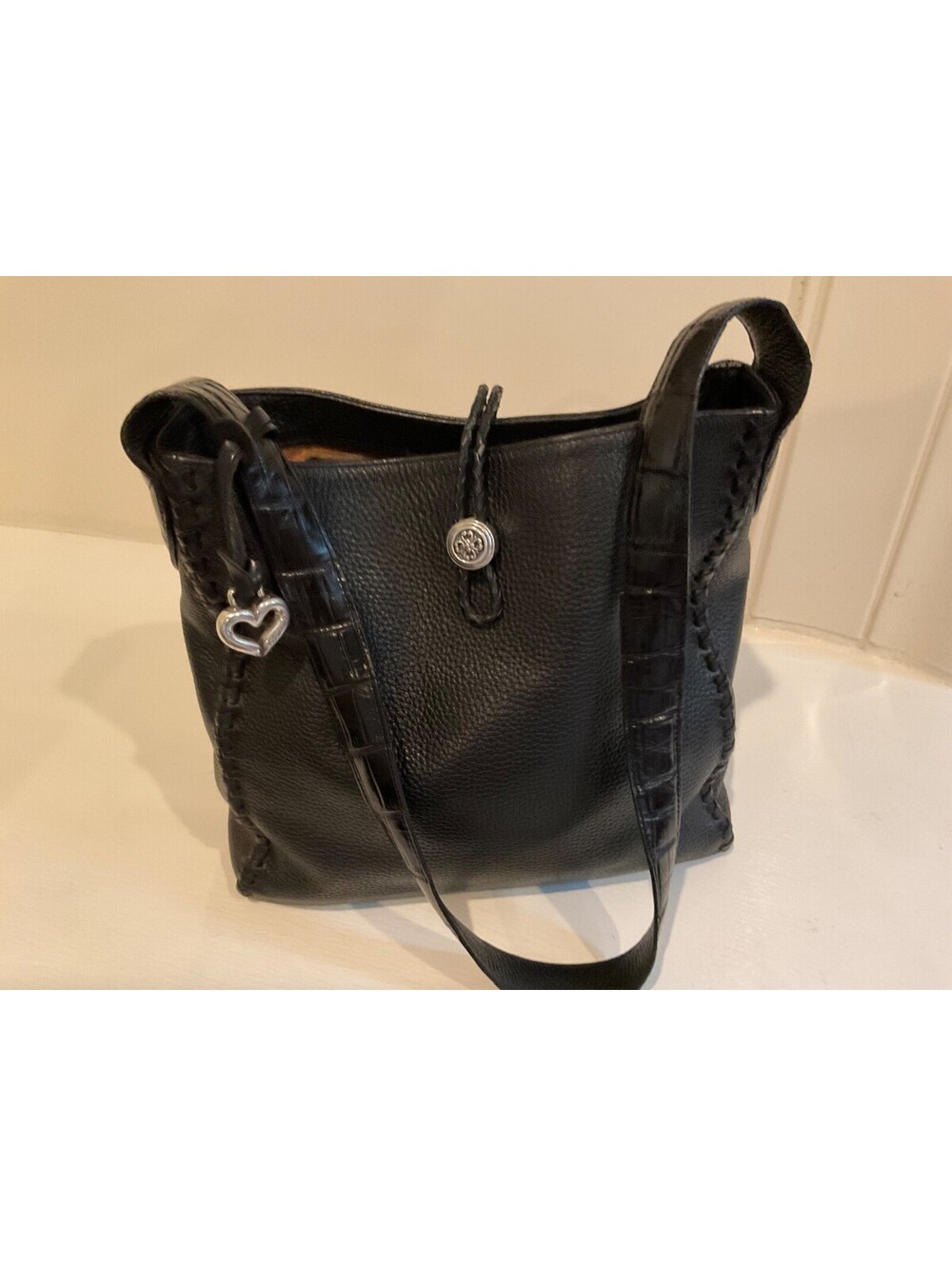 Brighton Black Pebbled Leather Shoulder Bag Hobo Silver Heart Scroll Whipstitch